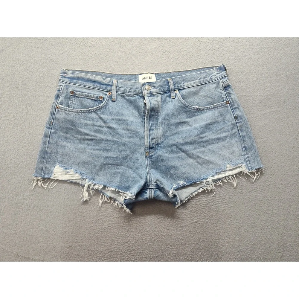 AGOLDE Parker Distressed Denim Shorts Light Wash Blue Size 33 Raw Hem